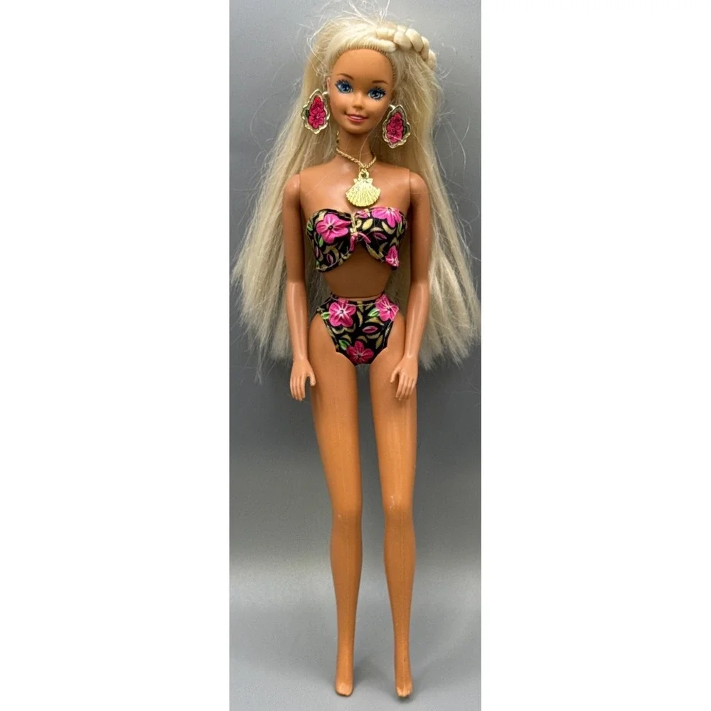 Vintage 1994 Tropical Splash Barbie Doll Original Swimsuit, Earrings